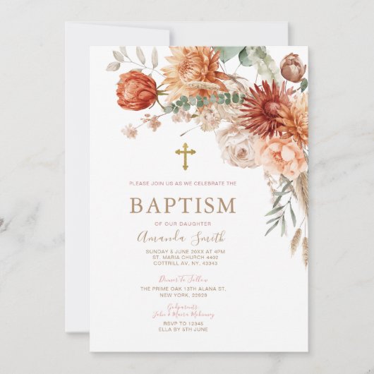 Elegante Boho Oranje Bloemdoop doop doop Kaart (Voorkant)