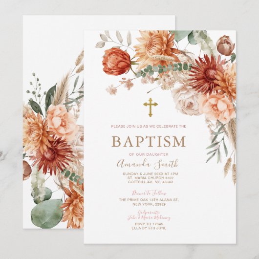 Elegante Boho Oranje Bloemdoop doop doop Kaart (Voorkant / Achterkant)