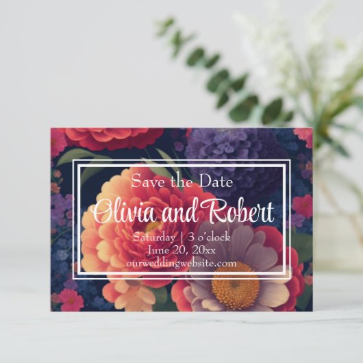 Elegante  boho oranje rode paarse bloemen save the date (Staand voorkant)
