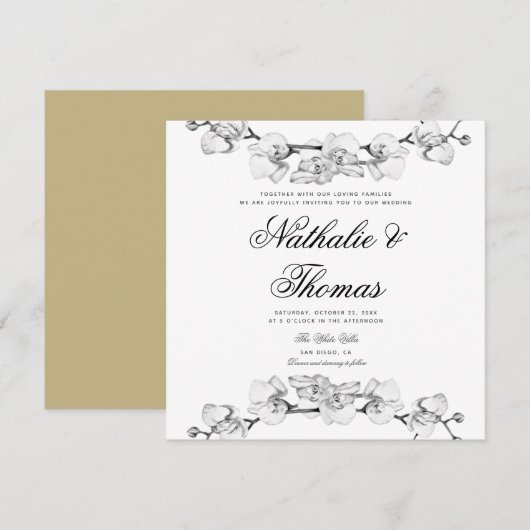 Elegante Boho Orchideeën Zwart Wit Unieke Bruiloft Kaart (Voorkant / Achterkant)