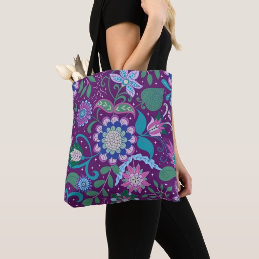 Elegante Boho Paarse Bloemen   Tote Bag (Dichtbij)