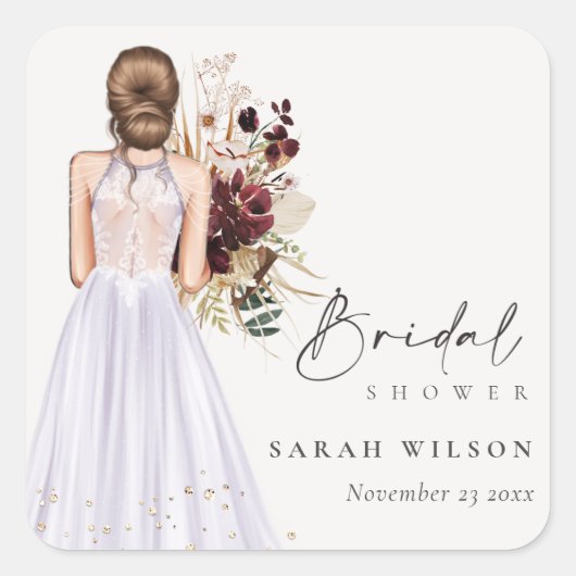 Elegante Boho Paarse Trouwjurk Bruidsfeest Vierkante Sticker (Voorkant)