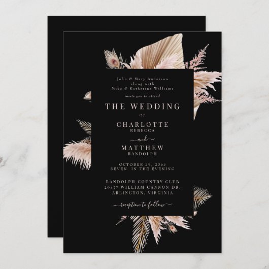 Elegante Boho Pampas Black bruiloft uitnodiging (Voorkant / Achterkant)
