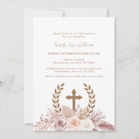 Elegante Boho Pampas Bloemen Kruis Krans Doop Kaart (Voorkant)