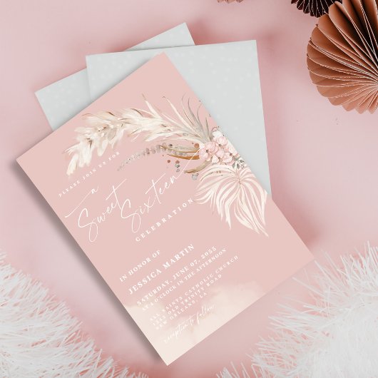Elegante Boho Pampas Blush Sweet 16 Party Kaart