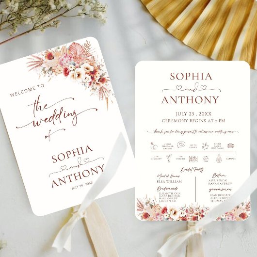 Elegante Boho Pampas Floral Wedding Program Fan Handwaaier