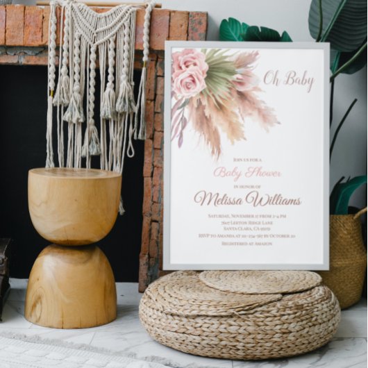 Elegante Boho Pampas Gras Stof Roze Baby Shower Kaart