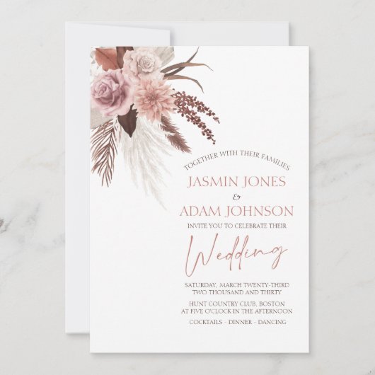 Elegante Boho Pampas Grass Terracotta bruiloft Kaart (Voorkant)