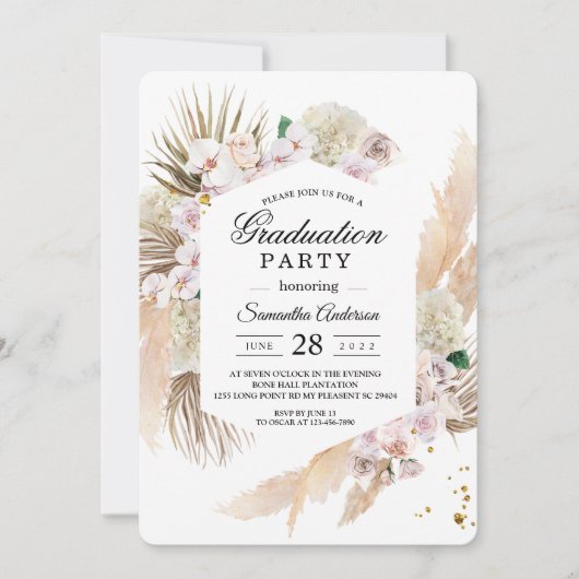 Elegante Boho Pampas & Orchidee Afstudeerfeest Kaart (Voorkant)