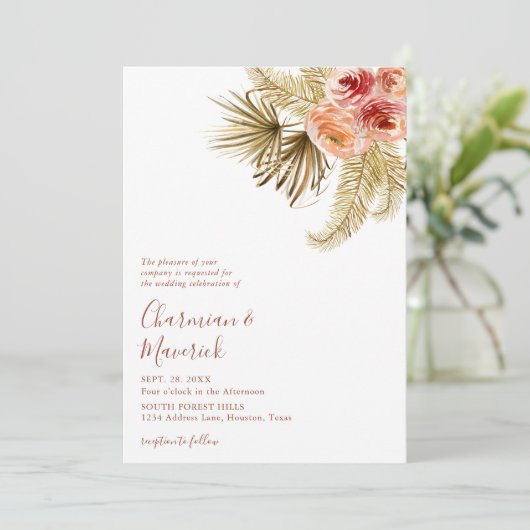 Elegante boho pampas terracotta bruiloft kaart (Staand voorkant)