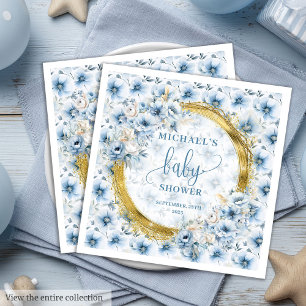 Elegante boho pastel blauw bloemen goud baby showe servet