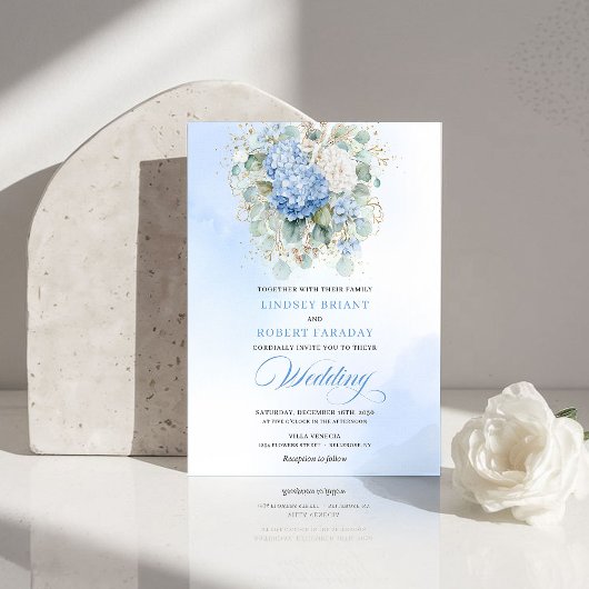 Elegante Boho Pastel Blauwe Hydrangea Trouw Uitnod Kaart
