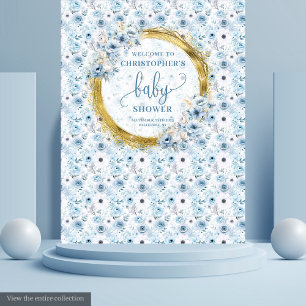 Elegante boho pastelblauwe bloemen gouden babyshow wandkleed