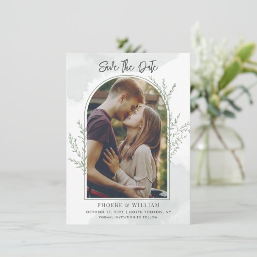Elegante Boho Photo Arch Script bruiloft uitnodigi (Staand voorkant)