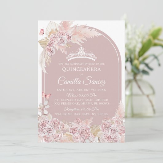 Elegante Boho Pink Dusty Quinceañera uitnodiging (Staand voorkant)