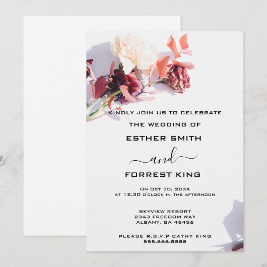 Elegante Boho Retro Bloemen Roze & Wit Huwelijk Kaart (Voorkant / Achterkant)