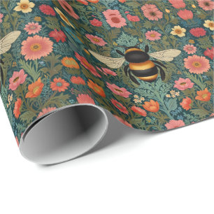 Elegante boho retro hommel lente bloemen cadeaupapier