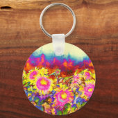 Elegante boho retro zonnebloemen roze gele bloemen sleutelhanger (Voorkant)