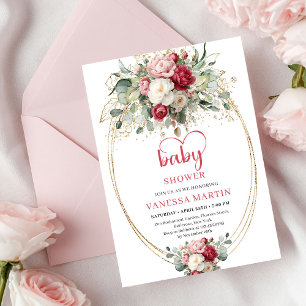 Elegante Boho Robijnroze Goud Bloemige Baby Shower Kaart