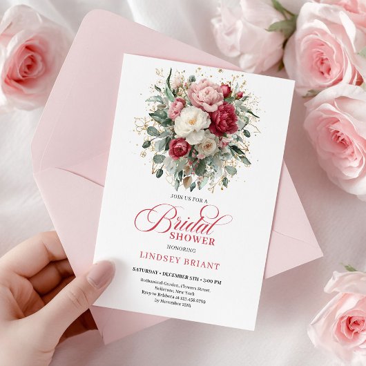 Elegante Boho Rode Blush Gouden Bloem Bruiloft Fee Kaart