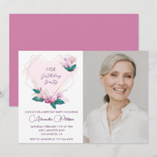 Elegante Boho Roze Bloem Foto 84ste verjaardag Kaart