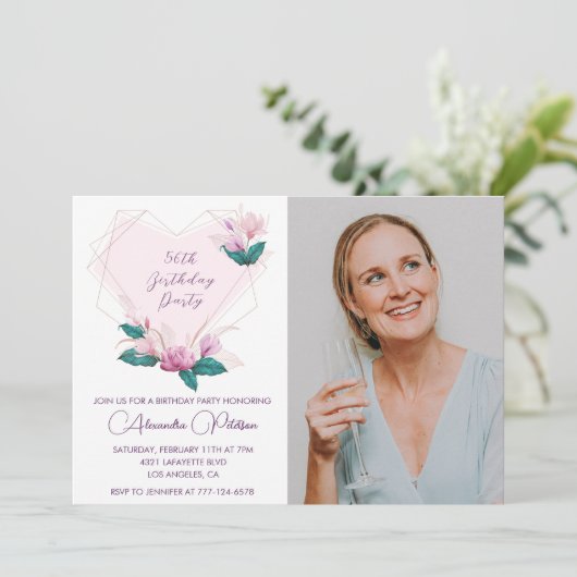 Elegante Boho Roze Bloemen Foto 56ste verjaardag Kaart (Staand voorkant)