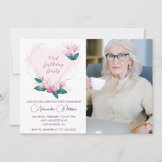 Elegante Boho Roze Bloemen Foto 93e verjaardag Kaart (Voorkant)