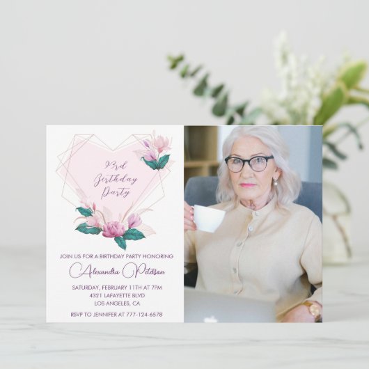 Elegante Boho Roze Bloemen Foto 93e verjaardag Kaart (Staand voorkant)