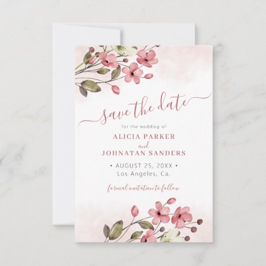 Elegante boho roze bloemenkleurige QR code foto br Save The Date (Voorkant)