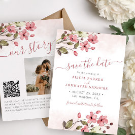 Elegante boho roze bloemenkleurige QR code foto br Save The Date