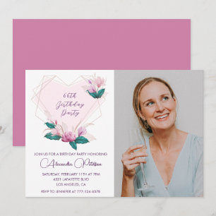 Elegante Boho Roze Bloemige Foto 66ste verjaardag Kaart