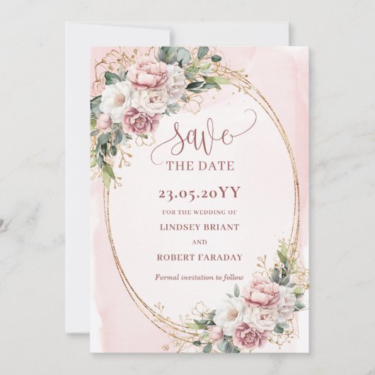 Elegante Boho Roze Goud Bloemige Save The Date (Voorkant)