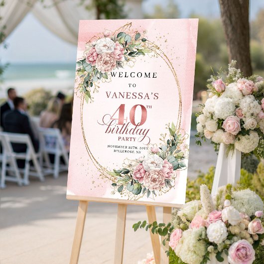 Elegante Boho Roze Roze Groene 40e Verjaardag Poster