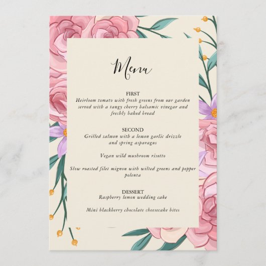 Elegante Boho Roze Roze Waterverf Bloemige Bruilof Menu (Voorkant)