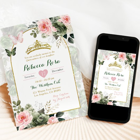 Elegante Boho Roze Salie Groene Quinceañera  Kaart