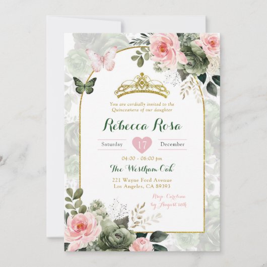 Elegante Boho Roze Salie Groene Quinceañera  Kaart (Voorkant)