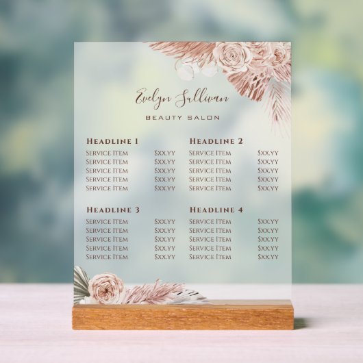 Elegante Boho Rozen prijslijst Acryl teken Bord (Neutraal)