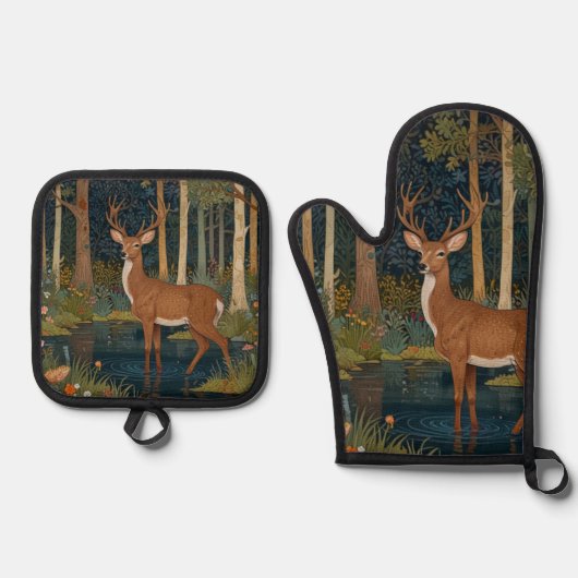 Elegante boho rustieke bos hert ovenwant & pannenlap set (Voorkant)