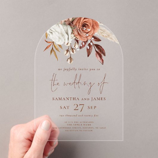 Elegante Boho Rustieke Terracotta Bloemen Huwelijk Acryl Uitnodigingen (Insitu (Draagbaar))