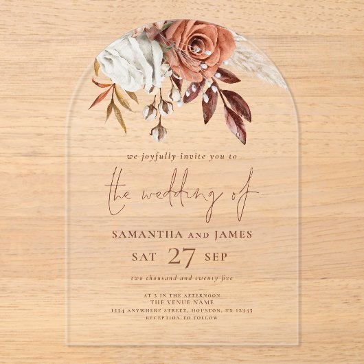 Elegante Boho Rustieke Terracotta Bloemen Huwelijk Acryl Uitnodigingen (Voorkant)