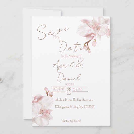 Elegante Boho Save The Date Zachte Roze Orchidee (Voorkant)