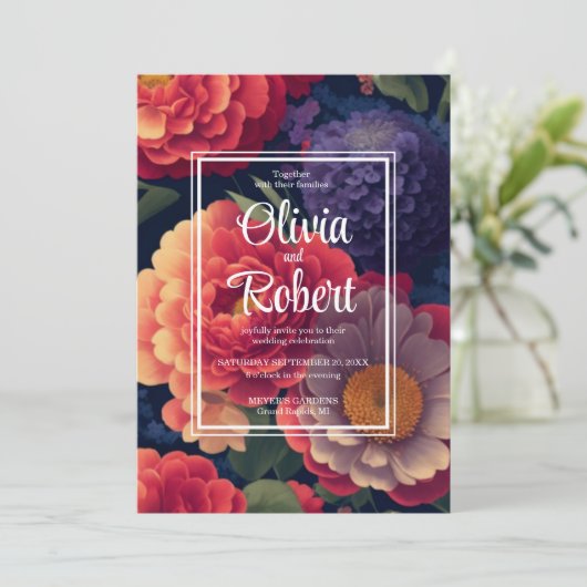 Elegante boho  sinaasappel rood paarse bloemen kaart (Staand voorkant)