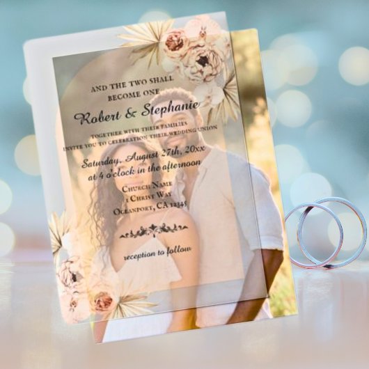 Elegante Boho Spring Peony Christelijke bruiloft Vellum Uitnodigingen