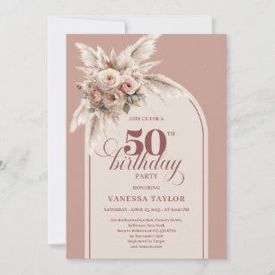 Elegante Boho Stof Roze Pampas Bloem 50 Verjaardag Kaart