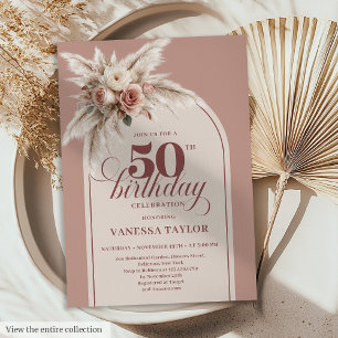 Elegante Boho Stof Roze Pampas Bloem 50 Verjaardag Kaart