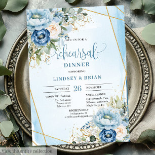 Elegante Boho Stofblauw Bloemig Goud Proefhuwelijk Kaart