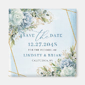 Elegante Boho Stofblauw Bloemig Goud Save The Date Magneet (Voorkant)
