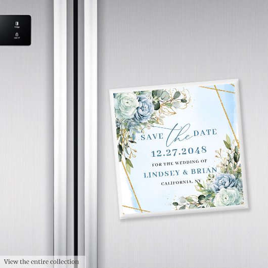 Elegante Boho Stofblauw Bloemmotief Goud Save The Magneet