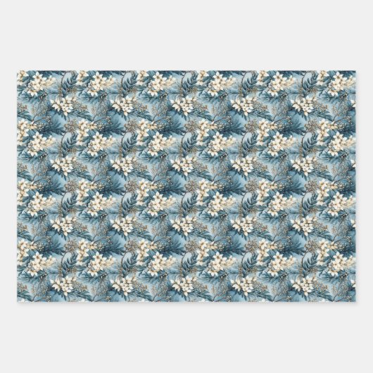 Elegante boho stoffige blauwe en ivoren winterbloe inpakpapier vel (Voorkant)