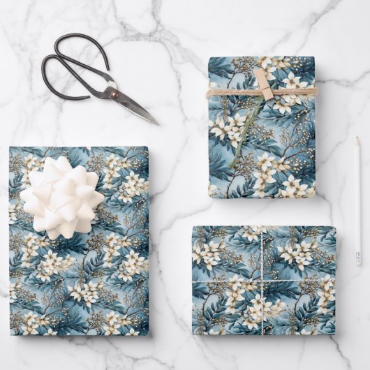 Elegante boho stoffige blauwe en ivoren winterbloe inpakpapier vel (Voorkant)